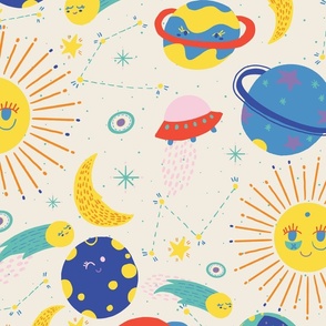 LARGE: Primary Colors Outer Space and planets with light cream background