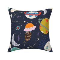 LARGE: Colorful Outer Space with planets, UFO's, moon and stars