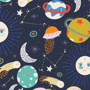 LARGE: Colorful Outer Space with planets, UFO's, moon and stars