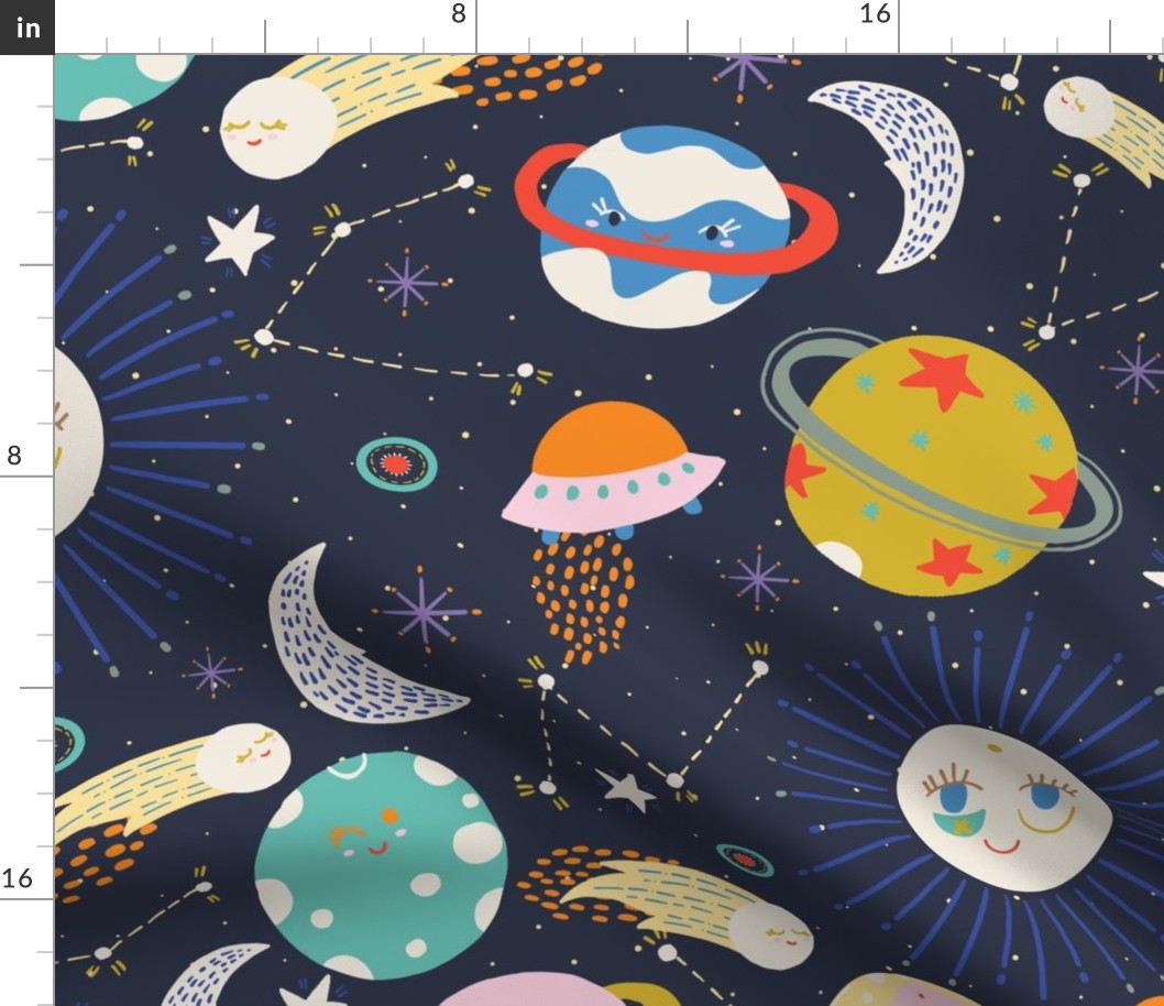 LARGE: Colorful Outer Space with planets, UFO's, moon and stars