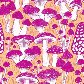 woodland mushrooms  pink and pastel yellow