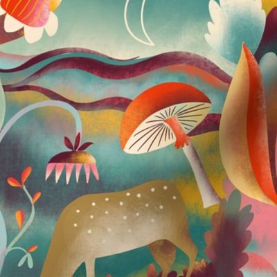 dreamy landscape with deer, horse and rabbit // medium