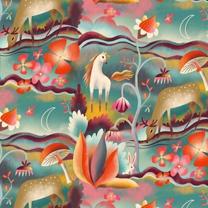 dreamy landscape with deer, horse and rabbit // medium