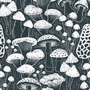 woodland mushrooms white and dark gray,mushroom wallpaper large scale