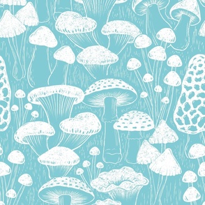 woodland mushrooms white and light blue,mushroom wallpaper large scale