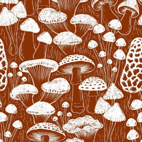 woodland mushrooms white and rust brown,mushroom wallpaper large scale
