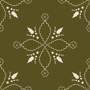 (XL) white floral ornaments on dark olive green