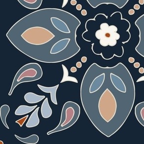 (XL) bermuda grey, salmon orange, white, blue and retro pink flower tiles on dark blue