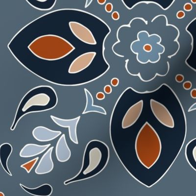 (XL) blue, copper, salmon, grey floral ornament on bermuda grey