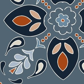 (XL) blue, copper, salmon, grey floral ornament on bermuda grey