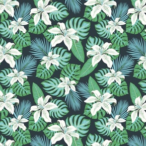 (L) Tropical  Foliage and Florals Green and Blue for Duvet Cover, with Lily Flower and Palm Leaves - Medium