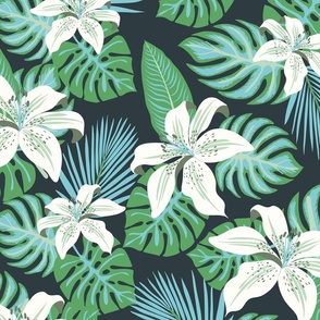 (XL) Tropical  Foliage and Florals Green and Blue for Duvet Cover, with Lily Flower and Palm Leaves