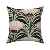 Symmetrical geometric florals with leaves Blue_Green_Charcoal_Gray_Black_Large