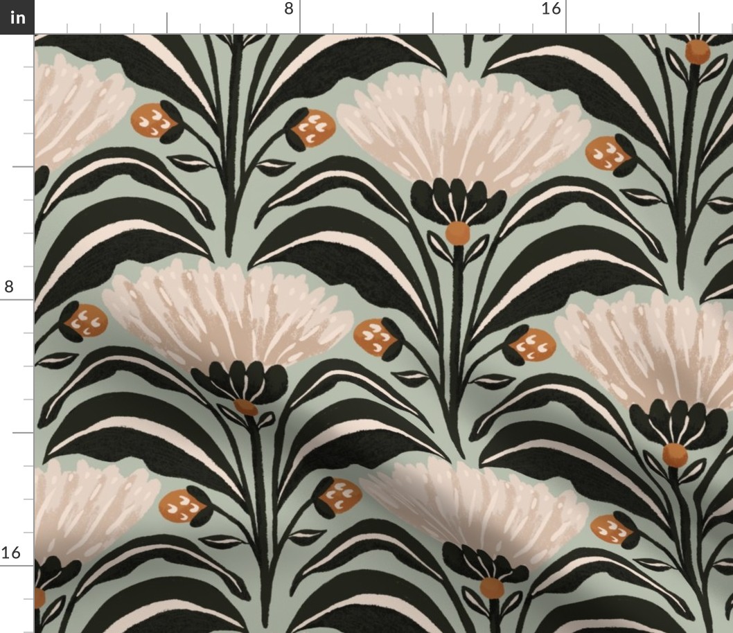 Symmetrical geometric florals with leaves Blue_Green_Charcoal_Gray_Black_Large