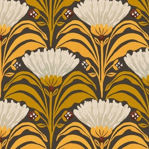 Symmetrical geometric florals with leaves Brown_Gold_Large