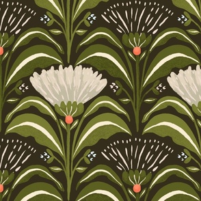 Symmetrical geometric florals with leaves Chocolate_Green_Large