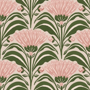 Symmetrical geometric florals with leaves Cream_Pink_Large