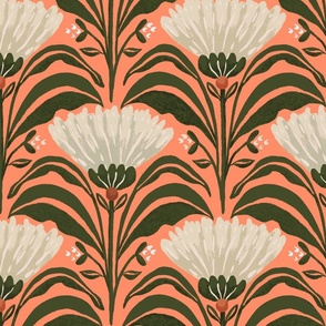 Symmetrical geometric florals with leaves Peach_Pink_Green_Large