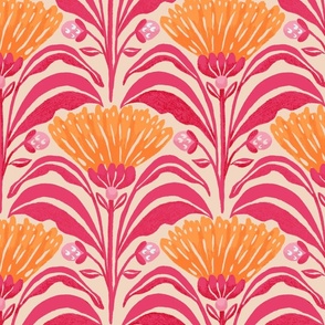 Symmetrical geometric florals with leaves Pink_Orange_Large
