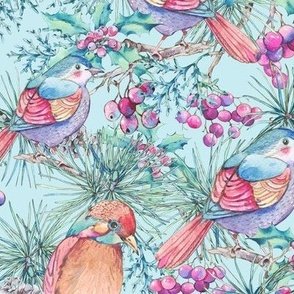 Forest birds with pine tree branches and berries on blue