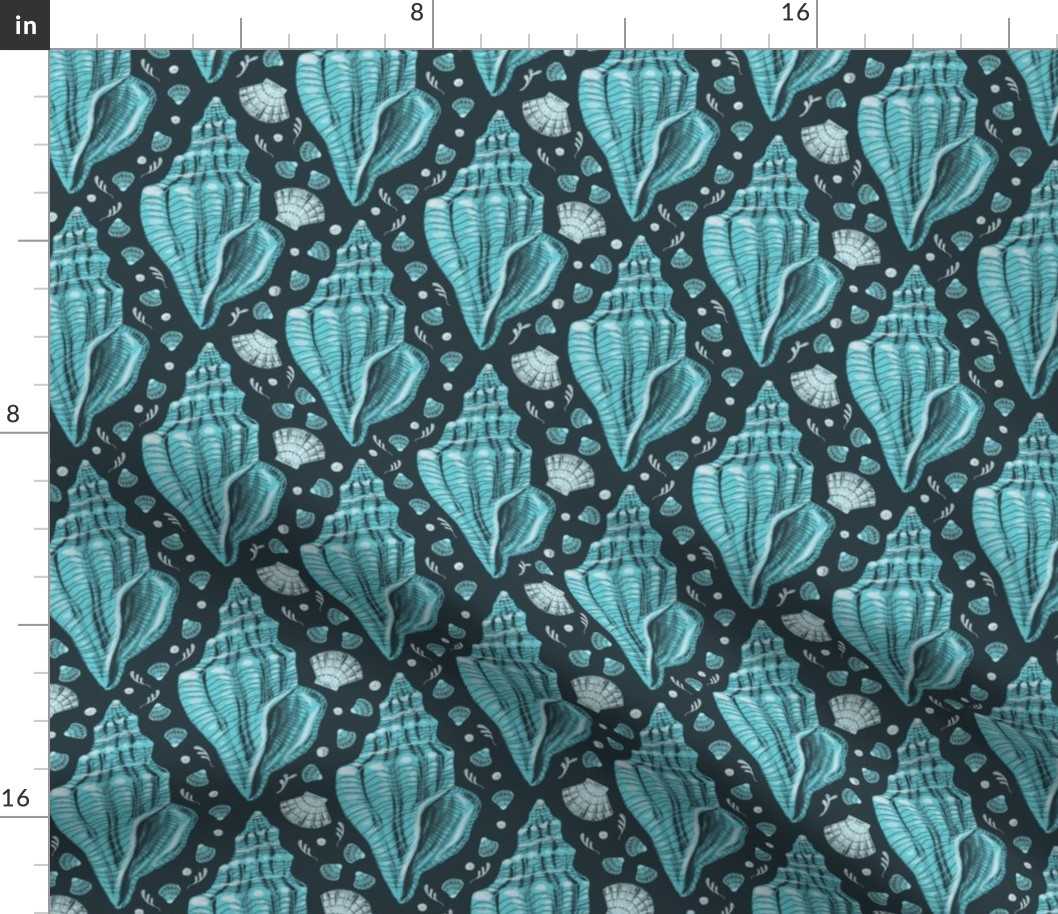 Blue sea shells on dark navy blue for wallpaper and home decor