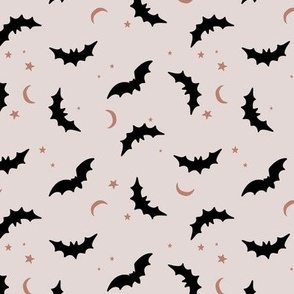 Bats & Stars - Halloween boho moon and autumn tossed night creatures design neutral black caramel golden on beige