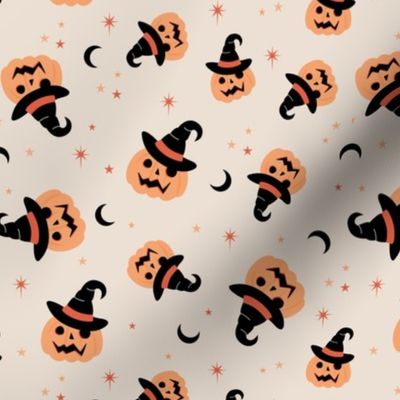 New moon & stars pumpkins and witches hat halloween boho design kids neutral vintage orange black on sand tossed 