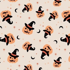 New moon & stars pumpkins and witches hat halloween boho design kids neutral vintage orange black on sand tossed 