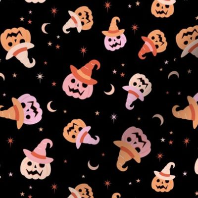 New moon & stars pumpkins and witches hat jack o' lantern halloween boho design kids girls pink orange blush vintage girls palette on black