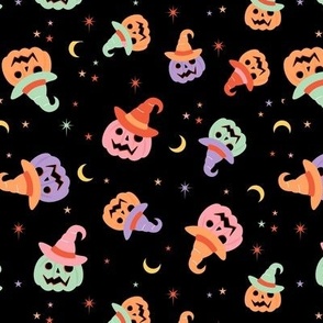 New moon & stars pumpkins and witches hat jack o' lantern halloween boho design kids nineties bright colorful retro palette on black