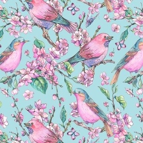 Spring birds with blooming cherry flowers on blue