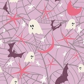 Halloween dream cobwebs, ghost, stars, moons and bats in purple