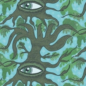 the all-seeing tree, medium large scale, turquoise blue olive green khaki dark green forest grey cool gray mint aqua quirky moody whimsical spooky