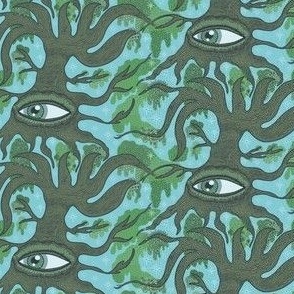 the all-seeing tree, small scale, turquoise blue olive green khaki dark green forest grey cool gray mint aqua quirky moody whimsical spooky