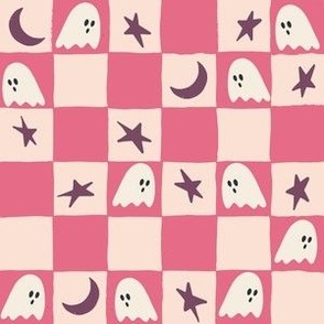 Halloween dream checkerboard pink with ghosts stars and moons