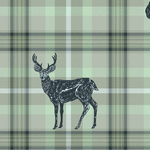 Cabincore Plaid with Deer Mint and Olive Green Large Scale