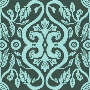 Heritage Gothic Renaissance hand drawn damask with rustic texture in Pantone’s Mega Matter palette 18” repeat