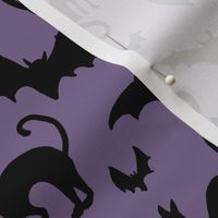 Black Cats and Bats Halloween Friends on Dusk Purple
