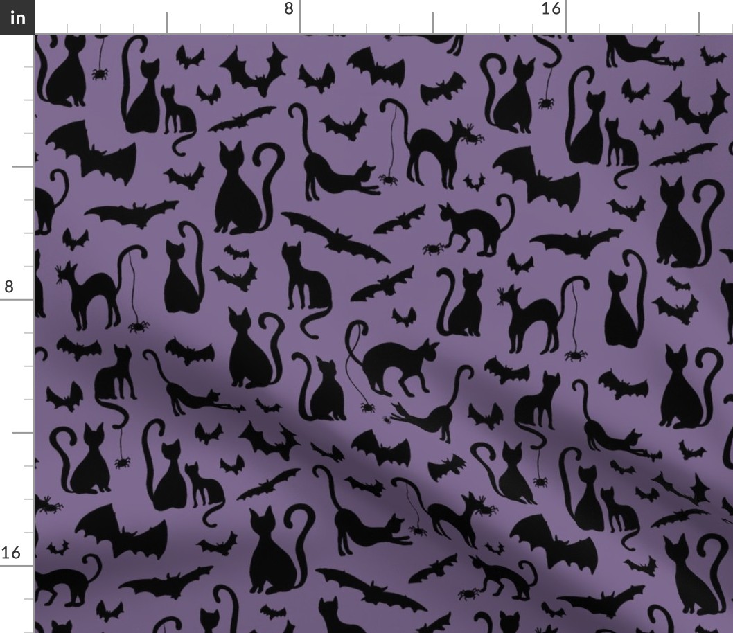 Black Cats and Bats Halloween Friends on Dusk Purple