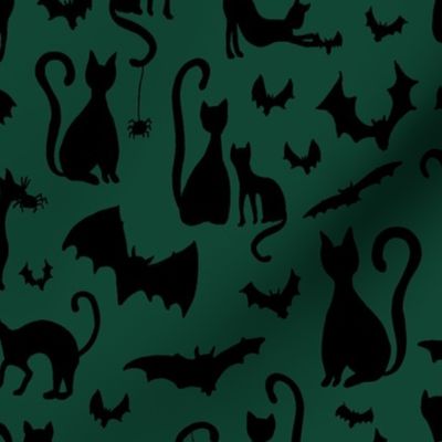 Black Cats and Bats Halloween Friends on Hunter Green