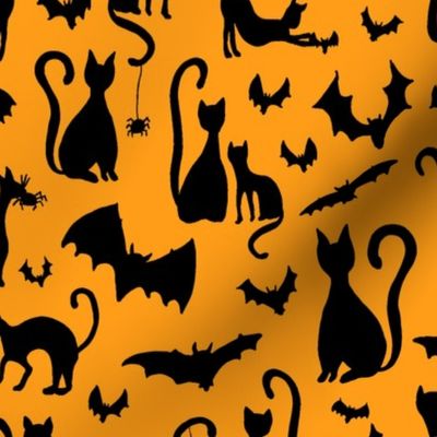 Black Cats and Bats Halloween Friends on Pumpkin Orange