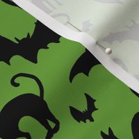 Black Cats and Bats Halloween Friends on Slime Green