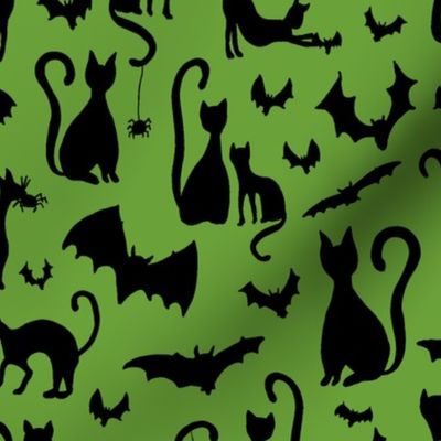 Black Cats and Bats Halloween Friends on Slime Green