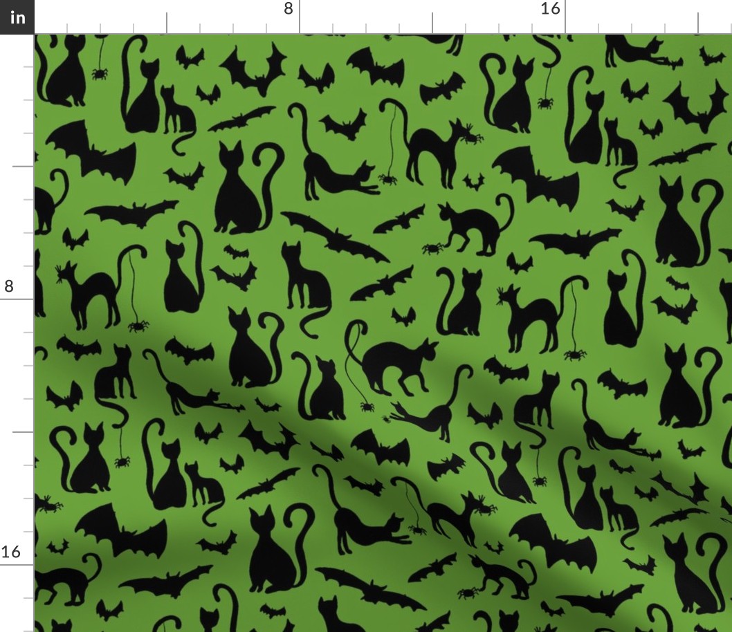 Black Cats and Bats Halloween Friends on Slime Green