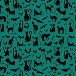 Black Cats and Bats Halloween Friends on Teal