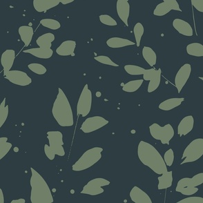 Leaves and Shade Navy and Green - Large Scale Botanical Leaf Fabric and Wallpaper