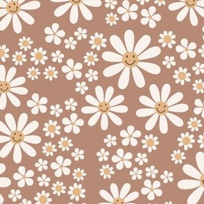 White groovy flowers and smileys - kids daisies and poppy flower blossom spring garden vintage ivory yellow on caramel
