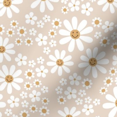 White groovy flowers and smileys - kids daisies and poppy flower blossom spring garden vintage soft yellow white on sand beige