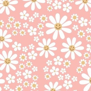 White groovy flowers and smileys - kids daisies and poppy flower blossom spring garden vintage soft yellow white on blush pink