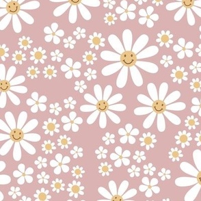 White groovy flowers and smileys - kids daisies and poppy flower blossom spring garden vintage soft yellow white on mauve rose pink